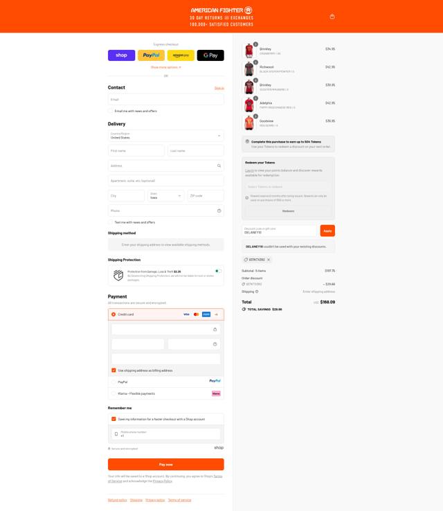 American Fighter checkout page showing American Fighter discount code box | Screenshot taken by SimplyCodes community member on Sep 10, 2025