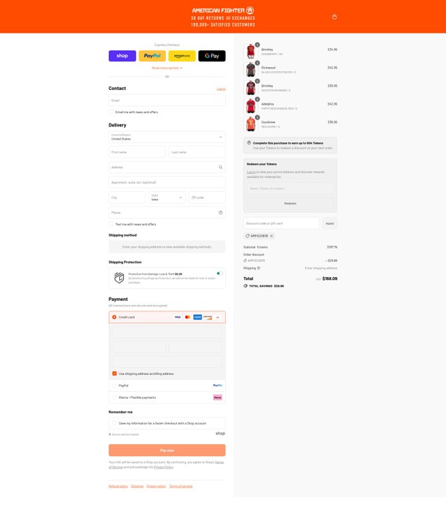 American Fighter checkout page showing American Fighter discount code box | Screenshot taken by SimplyCodes community member on Aug 28, 2025