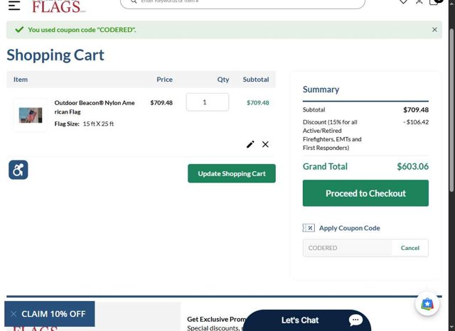 AmericanFlags.com checkout page showing AmericanFlags.com promo code box | Screenshot taken by SimplyCodes community member on May 14, 2025