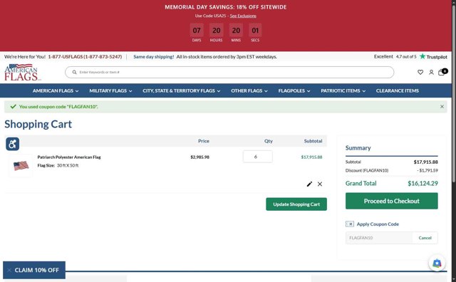 AmericanFlags.com checkout page showing AmericanFlags.com promo code box | Screenshot taken by SimplyCodes community member on May 20, 2025