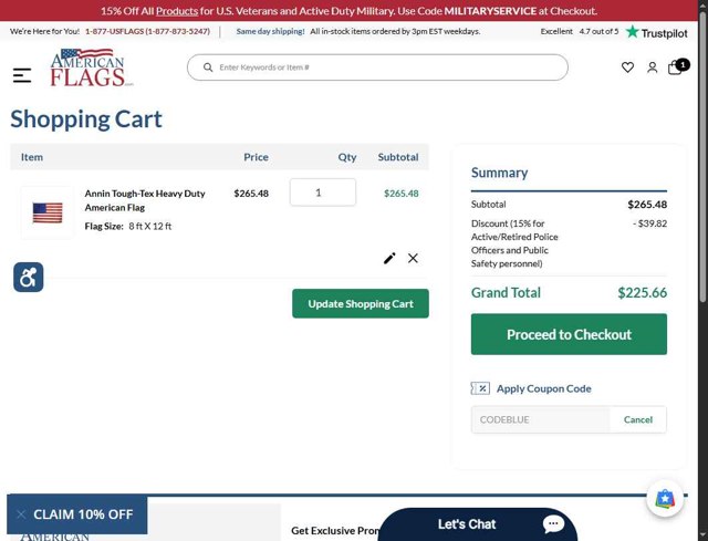 AmericanFlags.com checkout page showing AmericanFlags.com promo code box | Screenshot taken by SimplyCodes community member on May 14, 2025