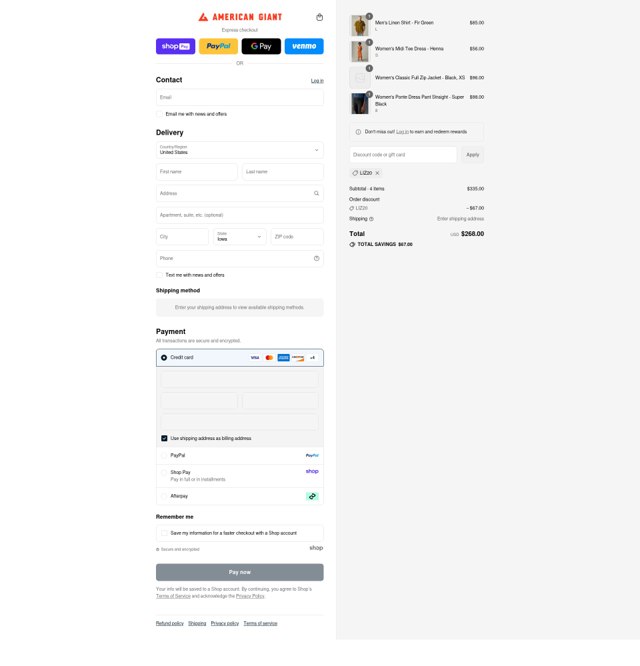 American Giant checkout page showing American Giant promo code box | Screenshot taken by SimplyCodes community member on Aug 27, 2025