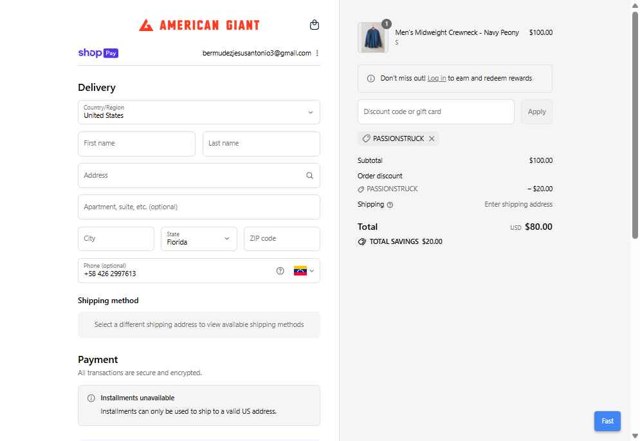 American Giant checkout page showing American Giant promo code box | Screenshot taken by SimplyCodes community member on Aug 27, 2025