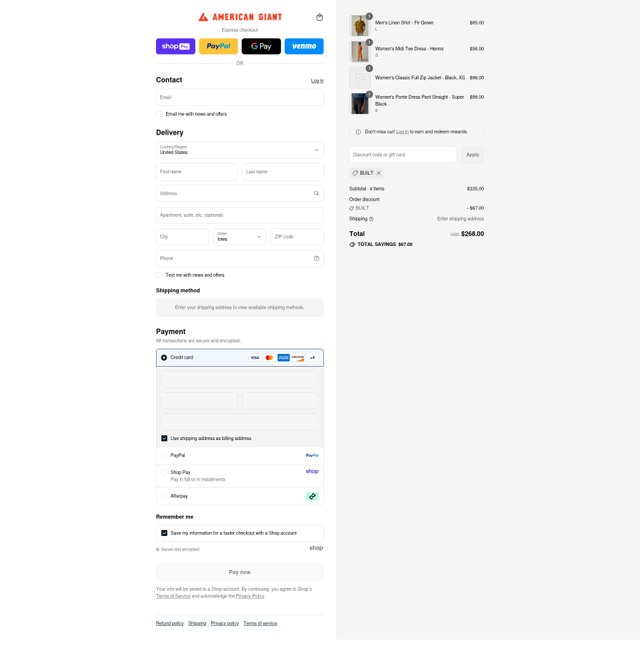 American Giant checkout page showing American Giant promo code box | Screenshot taken by SimplyCodes community member on Aug 27, 2025