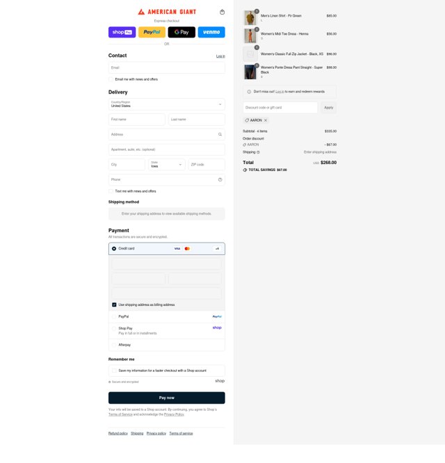 American Giant checkout page showing American Giant promo code box | Screenshot taken by SimplyCodes community member on Aug 27, 2025