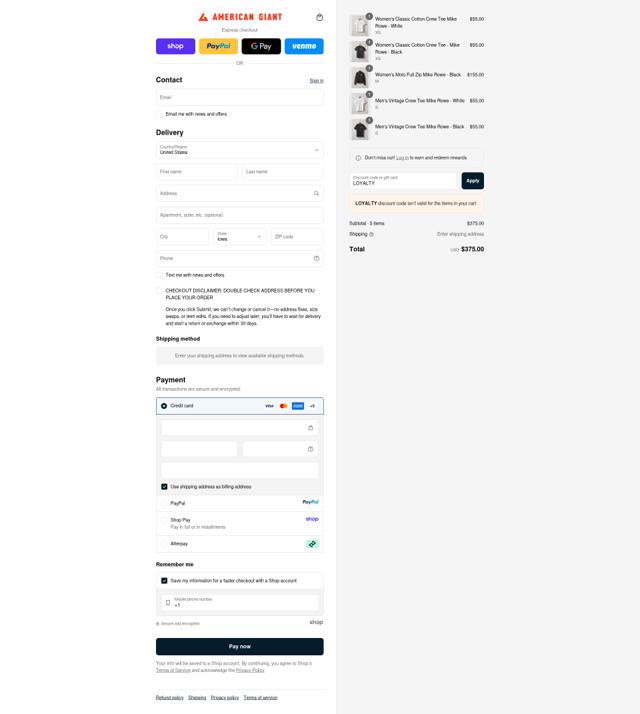American Giant checkout page showing American Giant promo code box | Screenshot taken by SimplyCodes community member on Sep 12, 2025