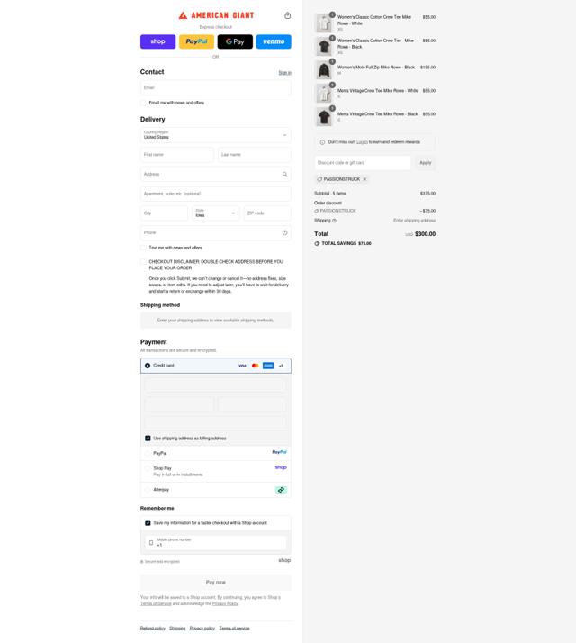 American Giant checkout page showing American Giant promo code box | Screenshot taken by SimplyCodes community member on Sep 12, 2025