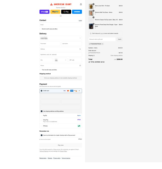 American Giant checkout page showing American Giant promo code box | Screenshot taken by SimplyCodes community member on Aug 27, 2025