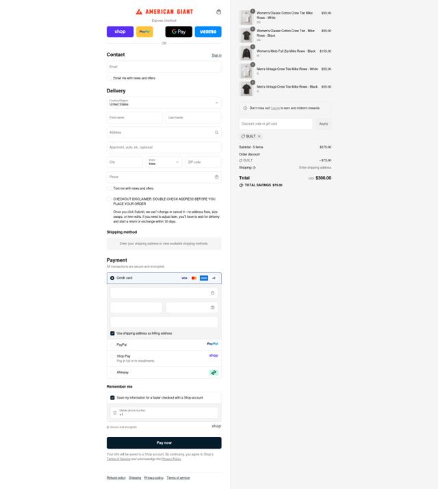 American Giant checkout page showing American Giant promo code box | Screenshot taken by SimplyCodes community member on Sep 12, 2025