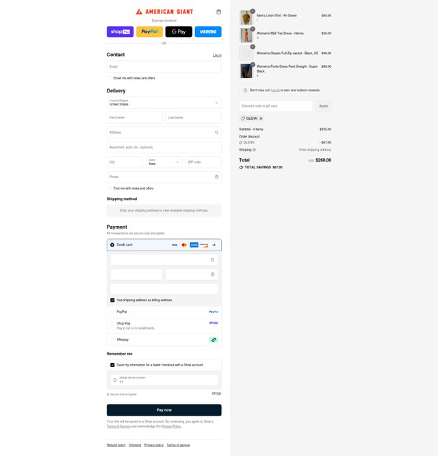 American Giant checkout page showing American Giant promo code box | Screenshot taken by SimplyCodes community member on Aug 27, 2025