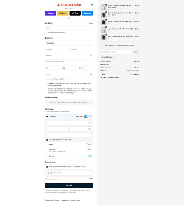 American Giant checkout page showing American Giant promo code box | Screenshot taken by SimplyCodes community member on Sep 12, 2025