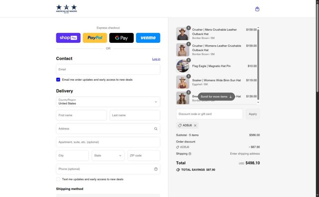 American Hat Makers checkout page showing American Hat Makers discount code box | Screenshot taken by SimplyCodes community member on Aug 27, 2025