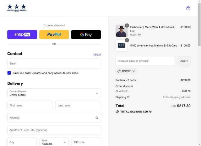 American Hat Makers checkout page showing American Hat Makers discount code box | Screenshot taken by SimplyCodes community member on Aug 27, 2025