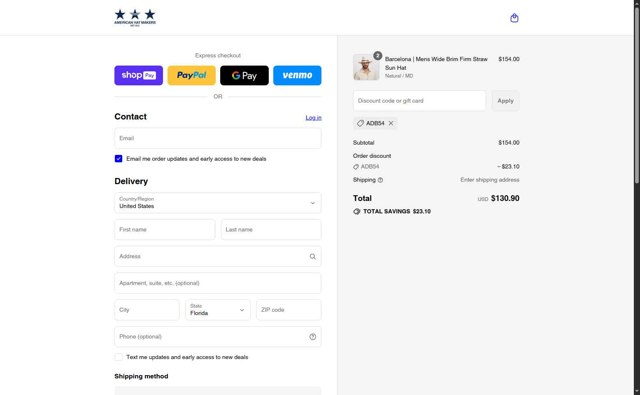 American Hat Makers checkout page showing American Hat Makers discount code box | Screenshot taken by SimplyCodes community member on Aug 27, 2025