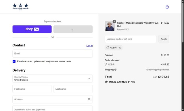 American Hat Makers checkout page showing American Hat Makers discount code box | Screenshot taken by SimplyCodes community member on Aug 27, 2025