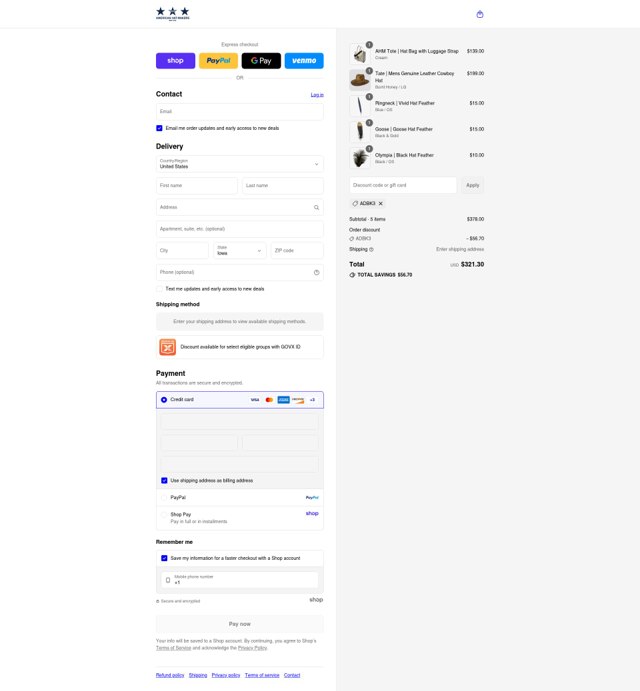 American Hat Makers checkout page showing American Hat Makers discount code box | Screenshot taken by SimplyCodes community member on Sep 4, 2025