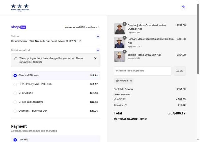 American Hat Makers checkout page showing American Hat Makers discount code box | Screenshot taken by SimplyCodes community member on Aug 27, 2025