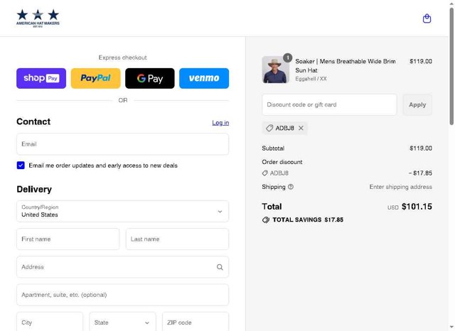 American Hat Makers checkout page showing American Hat Makers discount code box | Screenshot taken by SimplyCodes community member on Aug 27, 2025