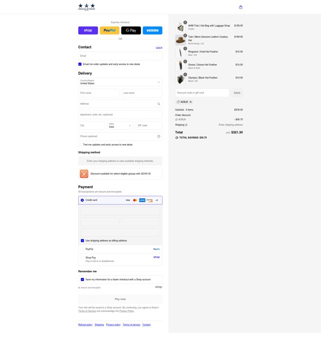 American Hat Makers checkout page showing American Hat Makers discount code box | Screenshot taken by SimplyCodes community member on Sep 4, 2025