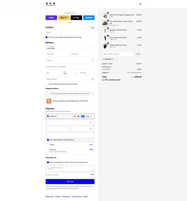 American Hat Makers checkout page showing American Hat Makers discount code box | Screenshot taken by SimplyCodes community member on Sep 4, 2025