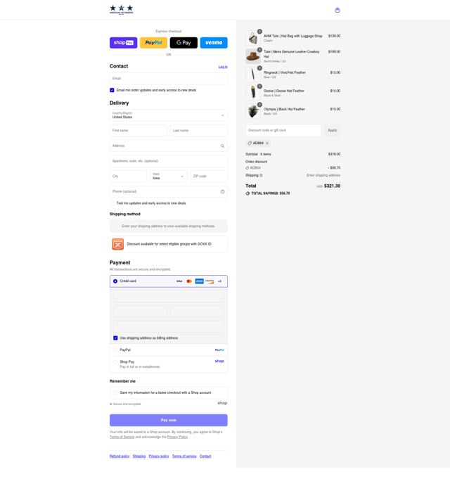 American Hat Makers checkout page showing American Hat Makers discount code box | Screenshot taken by SimplyCodes community member on Aug 27, 2025