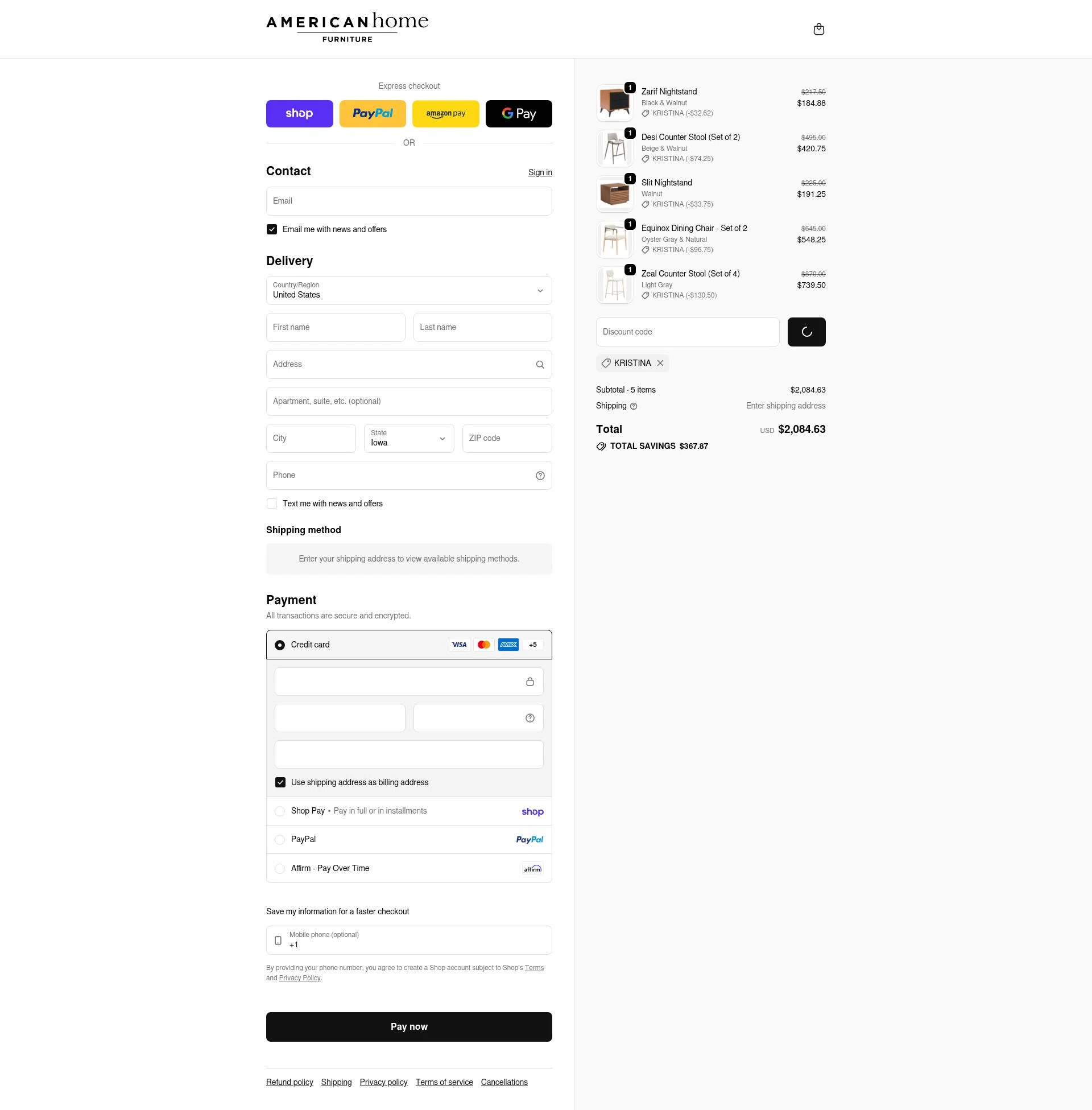 American Home Furniture checkout page showing American Home Furniture discount code box | Screenshot taken by SimplyCodes community member on Feb 6, 2026