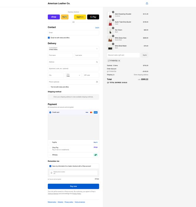 American Leather checkout page showing American Leather discount code box | Screenshot taken by SimplyCodes community member on Aug 29, 2025