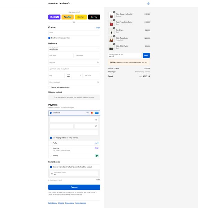 American Leather checkout page showing American Leather discount code box | Screenshot taken by SimplyCodes community member on Aug 25, 2025