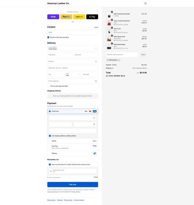 American Leather checkout page showing American Leather discount code box | Screenshot taken by SimplyCodes community member on Aug 29, 2025
