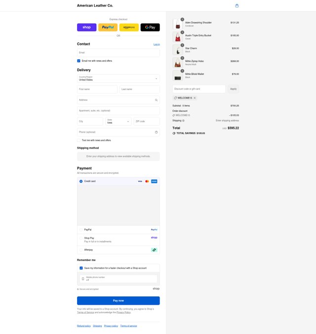 American Leather checkout page showing American Leather discount code box | Screenshot taken by SimplyCodes community member on Sep 2, 2025