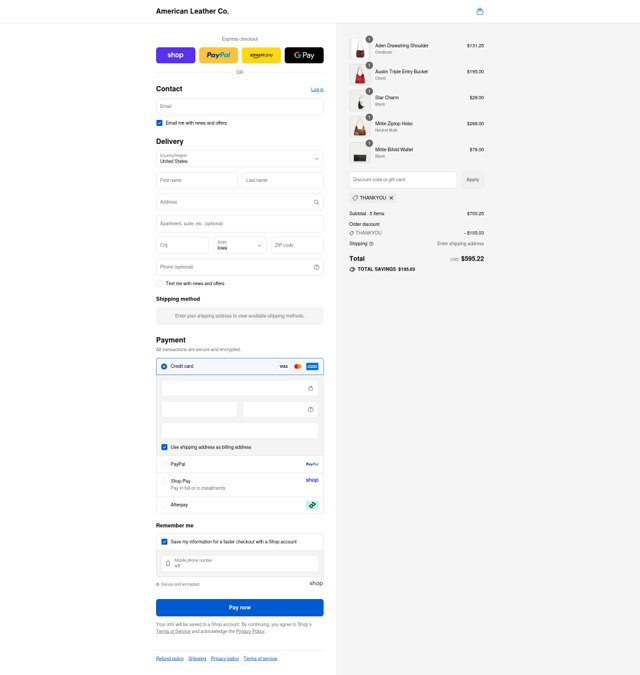 American Leather checkout page showing American Leather discount code box | Screenshot taken by SimplyCodes community member on Aug 29, 2025