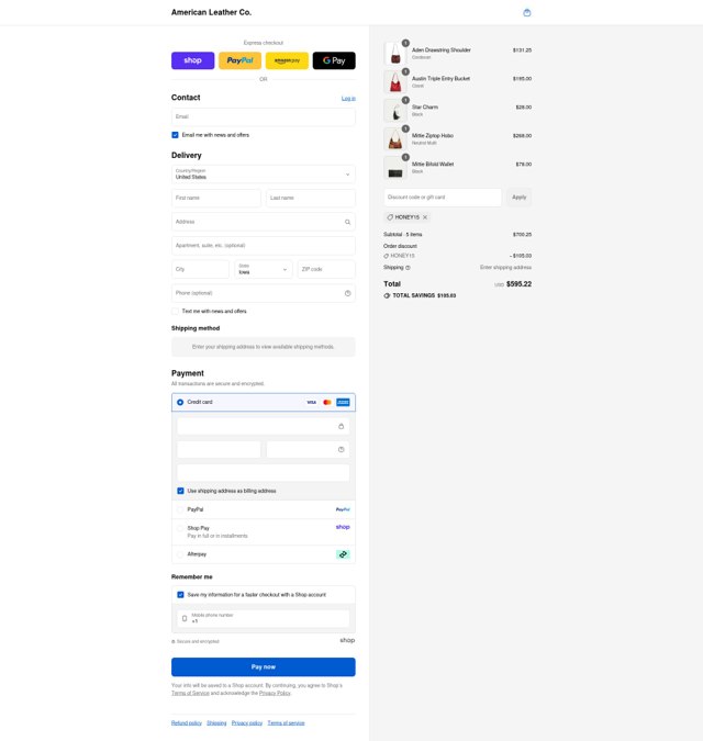 American Leather checkout page showing American Leather discount code box | Screenshot taken by SimplyCodes community member on Sep 2, 2025