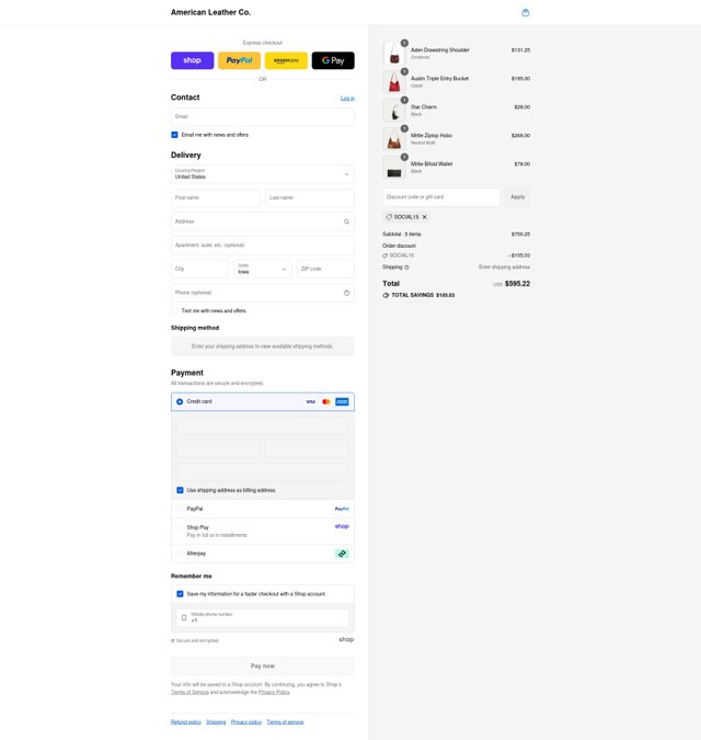 American Leather checkout page showing American Leather discount code box | Screenshot taken by SimplyCodes community member on Aug 29, 2025