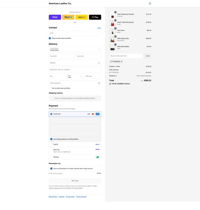 American Leather checkout page showing American Leather discount code box | Screenshot taken by SimplyCodes community member on Sep 2, 2025