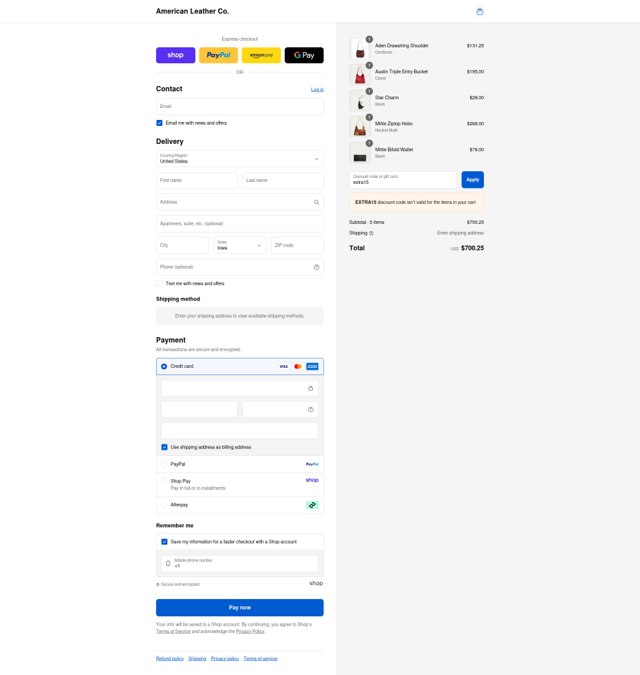 American Leather checkout page showing American Leather discount code box | Screenshot taken by SimplyCodes community member on Sep 2, 2025