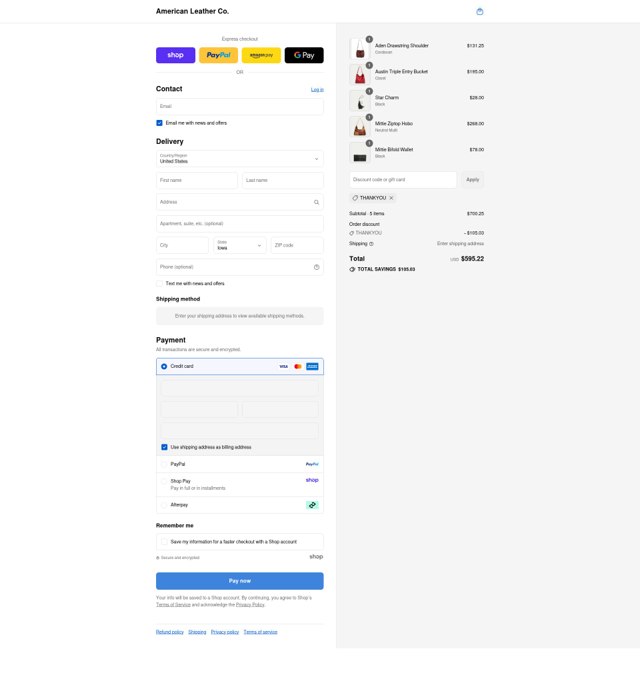 American Leather checkout page showing American Leather discount code box | Screenshot taken by SimplyCodes community member on Sep 2, 2025
