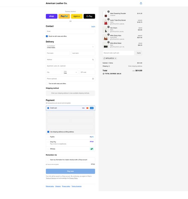 American Leather checkout page showing American Leather discount code box | Screenshot taken by SimplyCodes community member on Sep 2, 2025