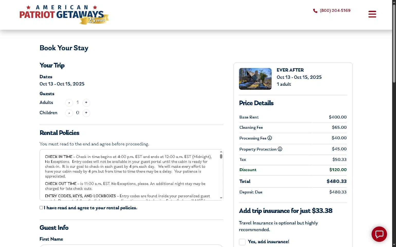 American Patriot Getaways checkout page showing American Patriot Getaways promo code box | Screenshot taken by SimplyCodes community member on Oct 6, 2025