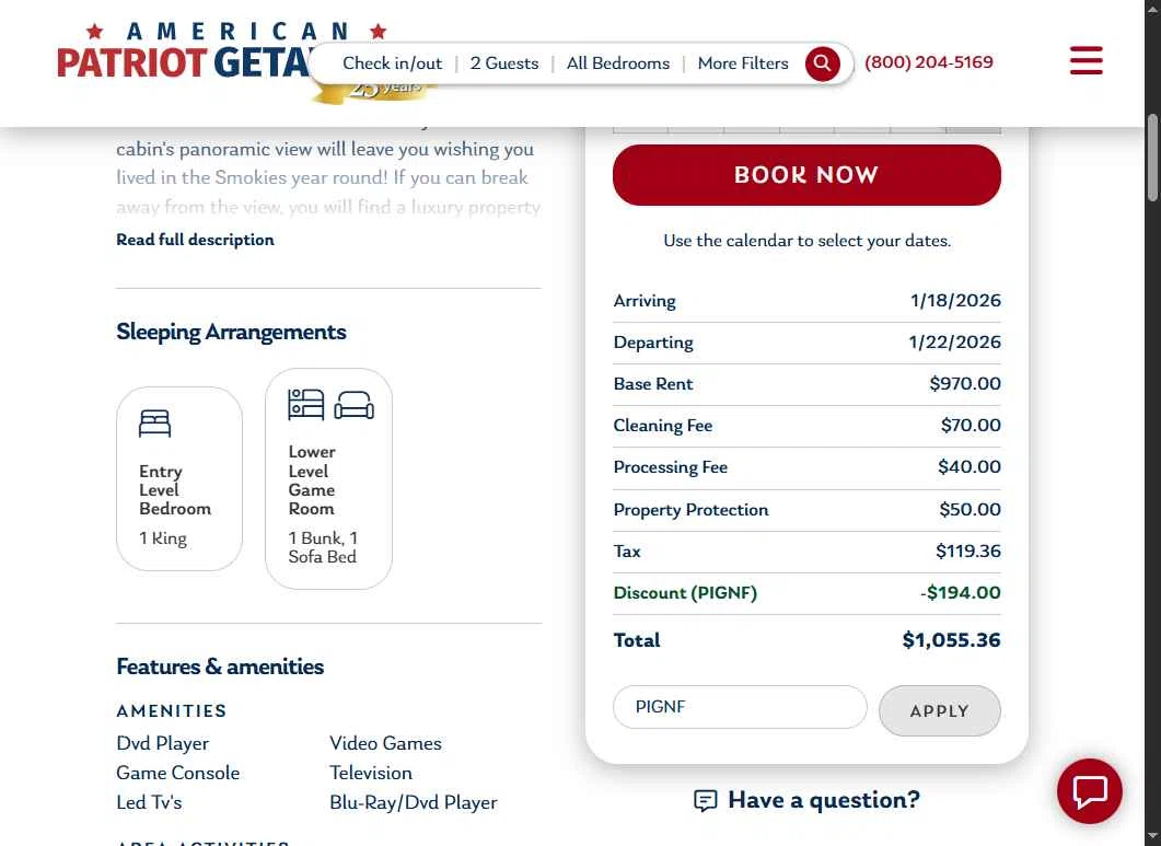 American Patriot Getaways checkout page showing American Patriot Getaways promo code box | Screenshot taken by SimplyCodes community member on Jan 9, 2026