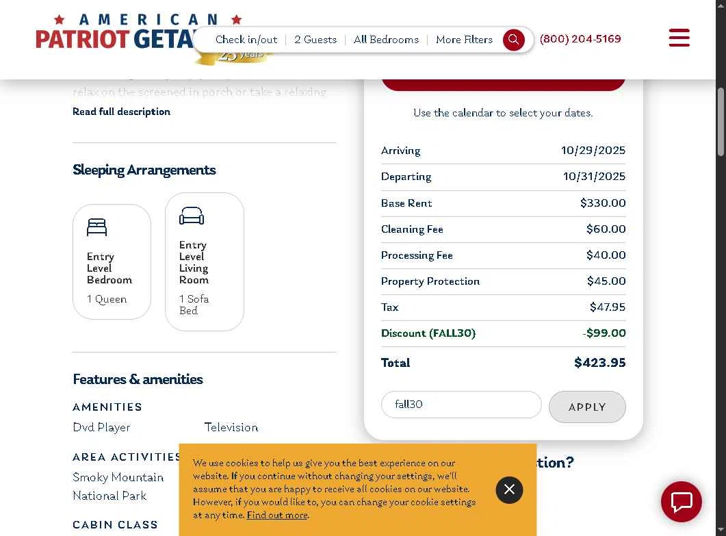 American Patriot Getaways checkout page showing American Patriot Getaways promo code box | Screenshot taken by SimplyCodes community member on Oct 6, 2025