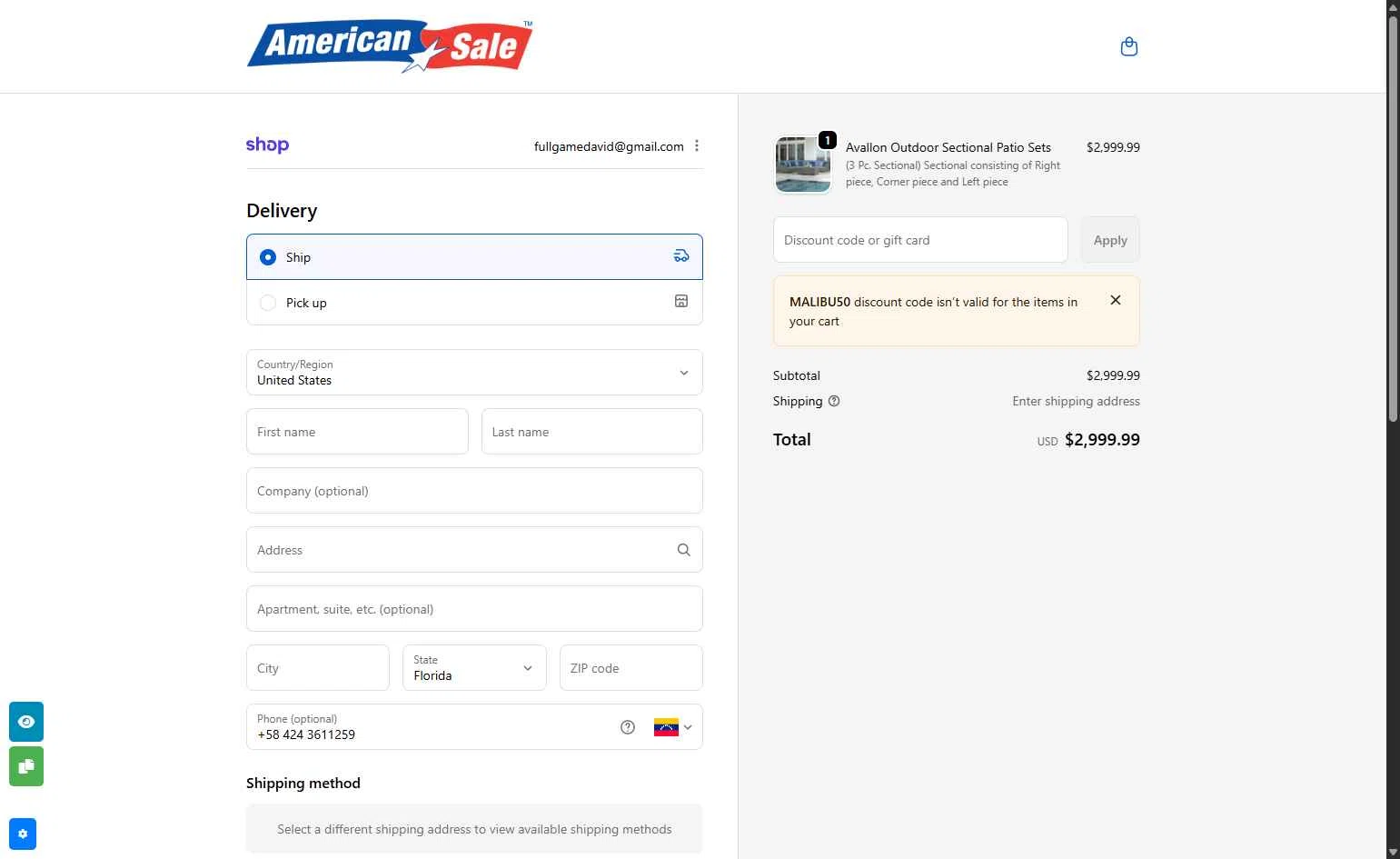American Sale checkout page showing American Sale promo code box | Screenshot taken by SimplyCodes community member on Jan 27, 2026