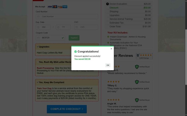 American Service Pets checkout page showing American Service Pets coupon code box | Screenshot taken by SimplyCodes community member on Jul 5, 2025