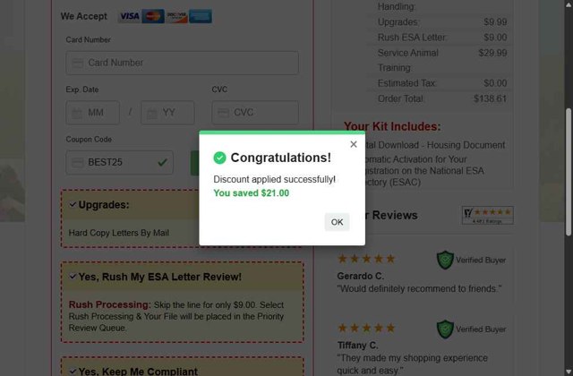 American Service Pets checkout page showing American Service Pets coupon code box | Screenshot taken by SimplyCodes community member on Aug 21, 2025