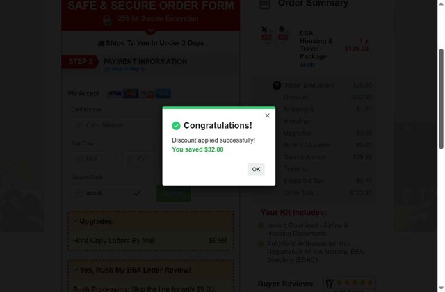 American Service Pets checkout page showing American Service Pets coupon code box | Screenshot taken by SimplyCodes community member on Aug 27, 2025