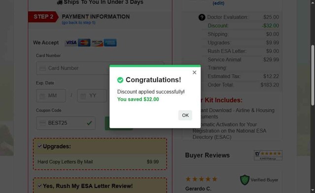 American Service Pets checkout page showing American Service Pets coupon code box | Screenshot taken by SimplyCodes community member on Jun 6, 2025