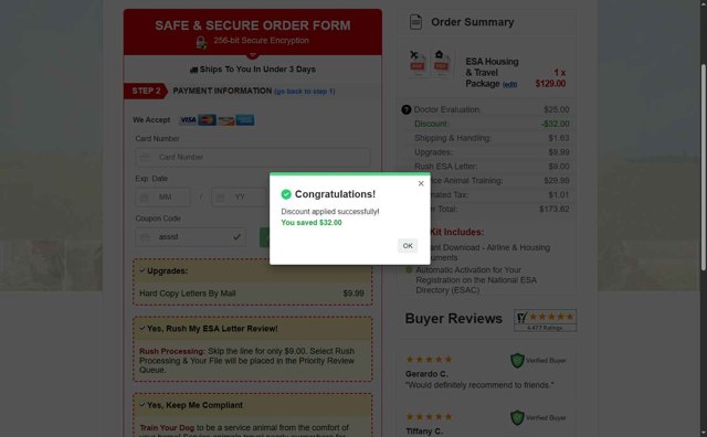 American Service Pets checkout page showing American Service Pets coupon code box | Screenshot taken by SimplyCodes community member on Aug 6, 2025