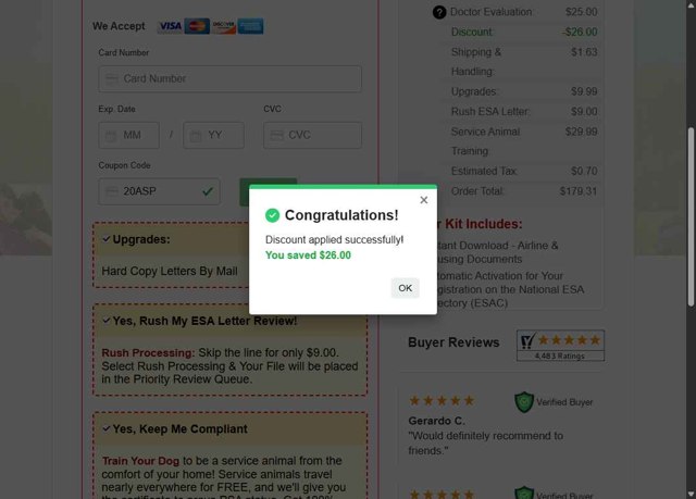American Service Pets checkout page showing American Service Pets coupon code box | Screenshot taken by SimplyCodes community member on Aug 24, 2025