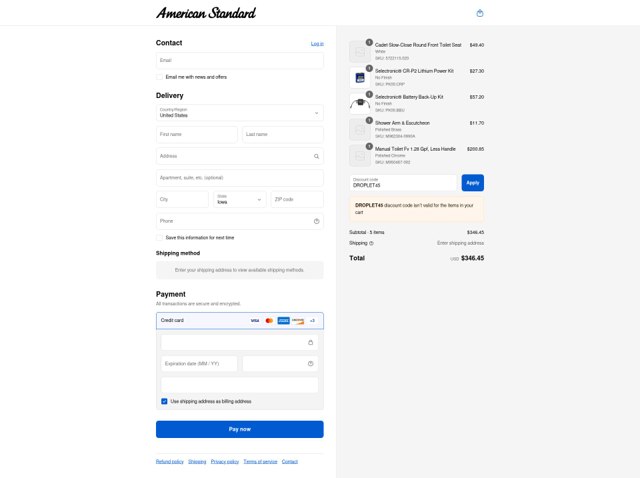 American Standard checkout page showing American Standard promo code box | Screenshot taken by SimplyCodes community member on Sep 2, 2025