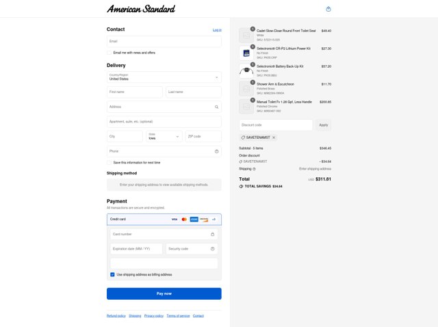 American Standard checkout page showing American Standard promo code box | Screenshot taken by SimplyCodes community member on Sep 7, 2025
