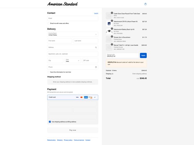 American Standard checkout page showing American Standard promo code box | Screenshot taken by SimplyCodes community member on Aug 29, 2025